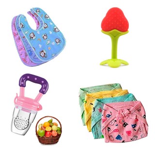 Bibs/Apron Set, Teether, Fruit Nibbler, and Cotton Langot for Newborn Baby (Pack of 4)