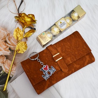 Best Gift for Maa - Women Hand Clutch, Golden Rose, Keychain, Chocolate