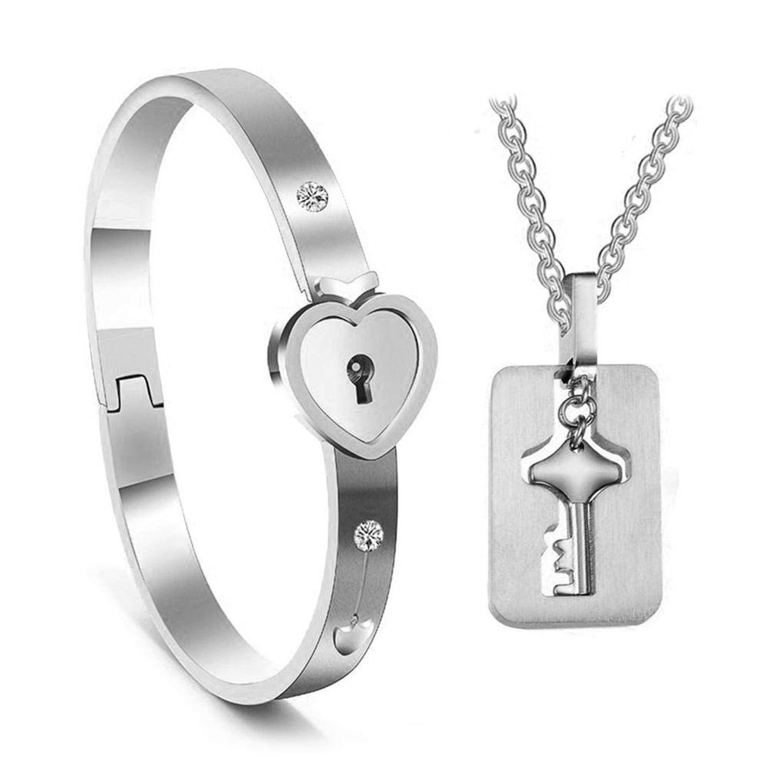 Heart Lock and Key Stainless Steel Bracelet Pendant Set for Lovers Men and  Women (Silver)