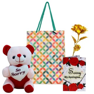 Apology Gifts for Girlfriend, Boyfriend - Sorry Greeting Card, Teddy Bear, Golden Rose and Carry Bag