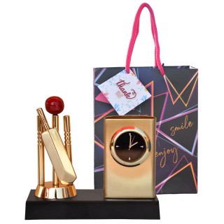 Cricket Pen Stand with Clock Showpiece and Paper Bag for Return Gifts