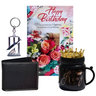 Birthday Gift Hamper for Boy & Men:- Greeting Card, King Coffee Mug Mens Wallet, and Cricket Keychain