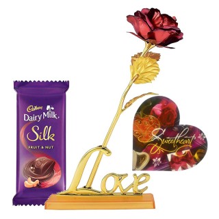 Gift Combo - Artificial Golden Rose with Love Stand, Small Card & 1 Chocolate