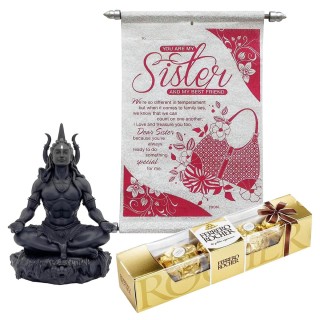 Religious Gift for Sister - Scroll Greeting Card with Mahayogi Shiva Idol and Chocolate Box