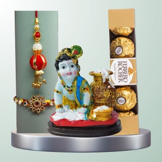 Handmade Rakhi Set for Bhaiya Bhabhi with Gift - Chocolate and Little Krishna Idol