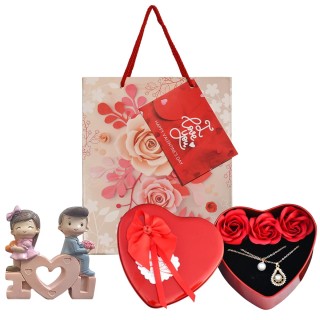 Valentine Day Gift for Couples - Heart Shaped Gift Box with Locket, Couple Showpiece and Paper Carry Bag