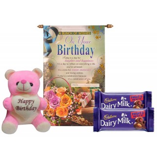 Birthday Gift Combo - Birthday Scroll Card, Soft Toy & Chocolate Basket