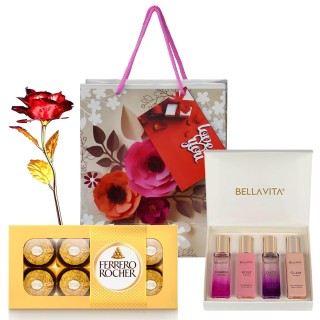 Love Gift Combo for Grilfriend - Chocolate Gift Box with Artificial Red Rose, Carry Bag and Bella Vita Perfume