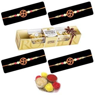 Swastik Rakhi for Brother Pack of 4 with Chocolate Box and Decorative Chopra