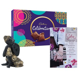 Gift Combo for Sister - Greeting Card with Resting Buddha Statue and Chocolate Pack - Good Luck Gift