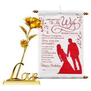 Wife Birthday Gifts - Golden Rose with Love Stand & Birthday Scroll Card-Birthday Gift for Wife-Fiancee