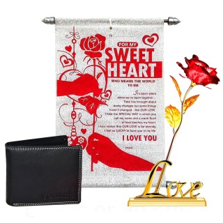 Romantic Gift for Husband - Scroll Card, Leather Wallet, Red Golden Rose with Love Stand