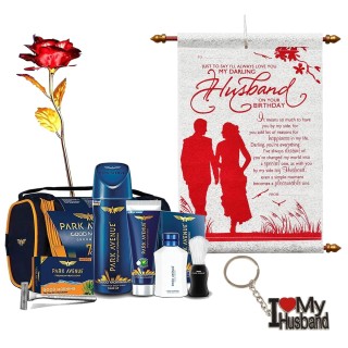 Best Gift for Husband - Scroll Card, Golden Red Rose, Keychain, Shaving Kit