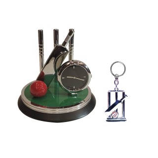Table Top Clock Cricket Theme Showpiece with Keychain