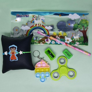 Cartoon Rakhi for Kids with Gift - Stationary Items Kit with Spinner and Pop It Keychain