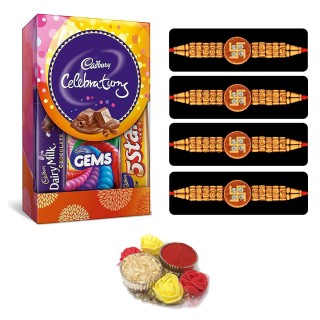 Set of 4 Om with Swastik Rakhi for Bhai with Chocolate Box and Decorative Chopra