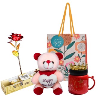 Birthday Gift Combo for Women:- Chocolate, Teddy Bear, Golden Red Rose, Queen Coffee Mug, and Carry Bag