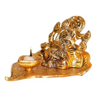 Brass Ganesha Idol on Leaf with Diya for Home Temple