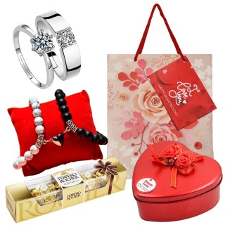 Best Valentine Gift for Couples - Couple Ring & Bracelet Set with Heart Shape Gift Box and Carry Bag