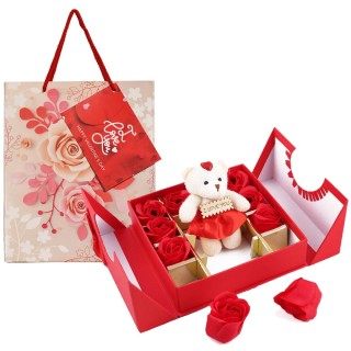 10 Red Rose and Small Teddy Bear with Carry Bag Love Gift for Valentine's Day