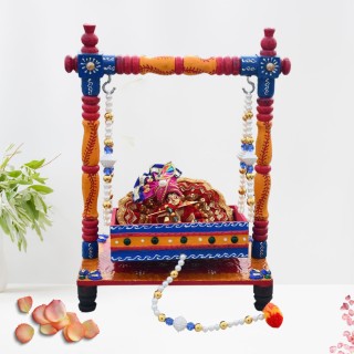 Handmade Wooden Jhula with Laddu Gopal for Home Decor and Temple