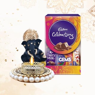 Diwali Combo Gift Pack for Employees, Family, and Friends - Lord Ganesha Statue with Decorative Diya and Chocolate Pack.