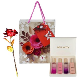 Romantic Gift for Girlfriend - Bella Vita Perfume Set with Artificial Golden Red Rose and Paper Carry Bag