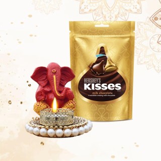 Diwali Combo Gift Pack for Family and Friends - Lord Ganesha Idol with Tealight Candle Holder and Chocolate Pack.