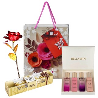 Love Gift for Grilfriend - Chocolate Gift Box with Artificial Rose, Perfume and Paper Carry Bag