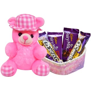 Chocolate Gift for Girls - Soft Teddy Bear and Chocolate Basket Hamper
