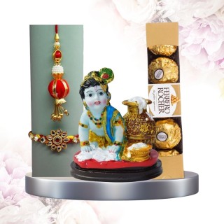 Handmade Rakhi Set for Bhaiya Bhabhi with Gift - Chocolate and Little Krishna Idol