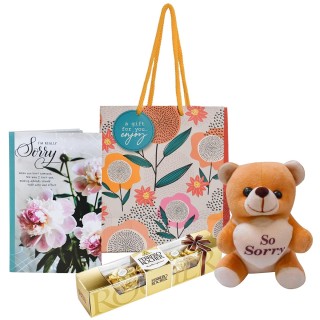 Apology / Sorry Gift for Girlfriend, Boyfriend - Sorry Card with Chocolate, Teddy Bear and Paper Carry Bag