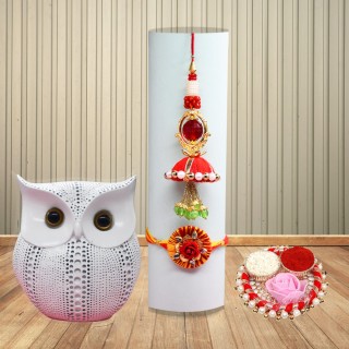 Traditional Rakhi for Brother and Bhabhi with Owl Statue Good Luck Gift
