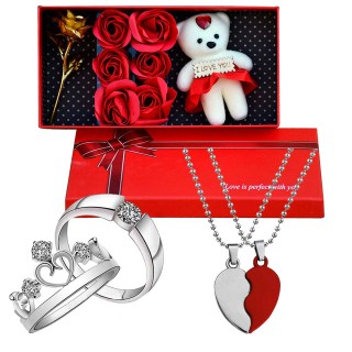 Valentine Day Gift Combo for Girlfriend, Boyfriend - Small Teddy with Golden Rose and 6 Red Rose Flowers, Couple Ring with Love Locket/Pendent