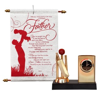 Father Scroll Card With Metal Table Pen Stand Of Cricket Theme