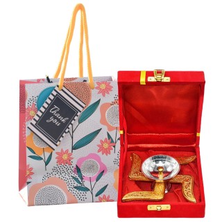 Swastik Diya with Red Velvet Gift Box and Paper Bag for Spiritual Return Gifts