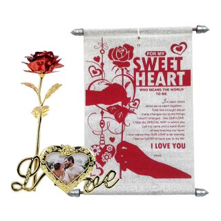 Valentine Day Love Gift - Love Scroll Card & Artificial Red Golden Rose with Love Photo Frame Stand